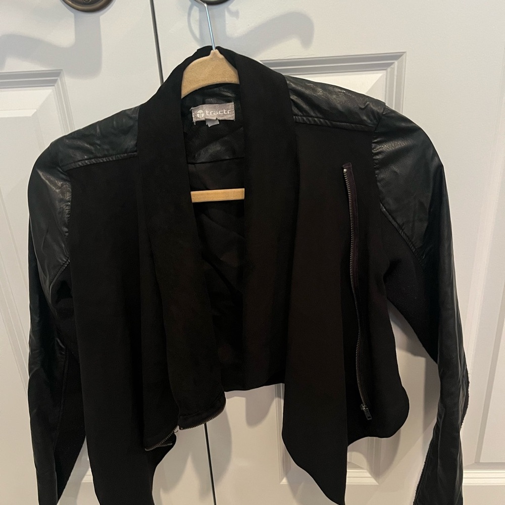 Tractr Black Leather Jacket Cropped Waterfall Design